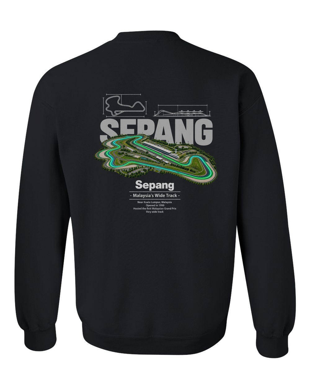 Sepang black crewneck back view with the design