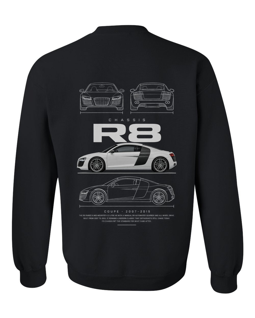 R8 full-back artwork black crewneck back view with the design