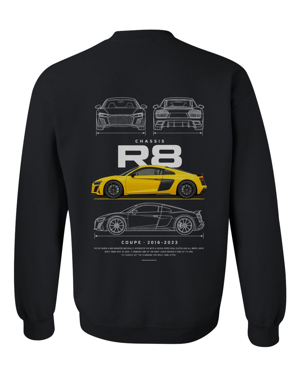 R8 full-back artwork black crewneck back view with the design