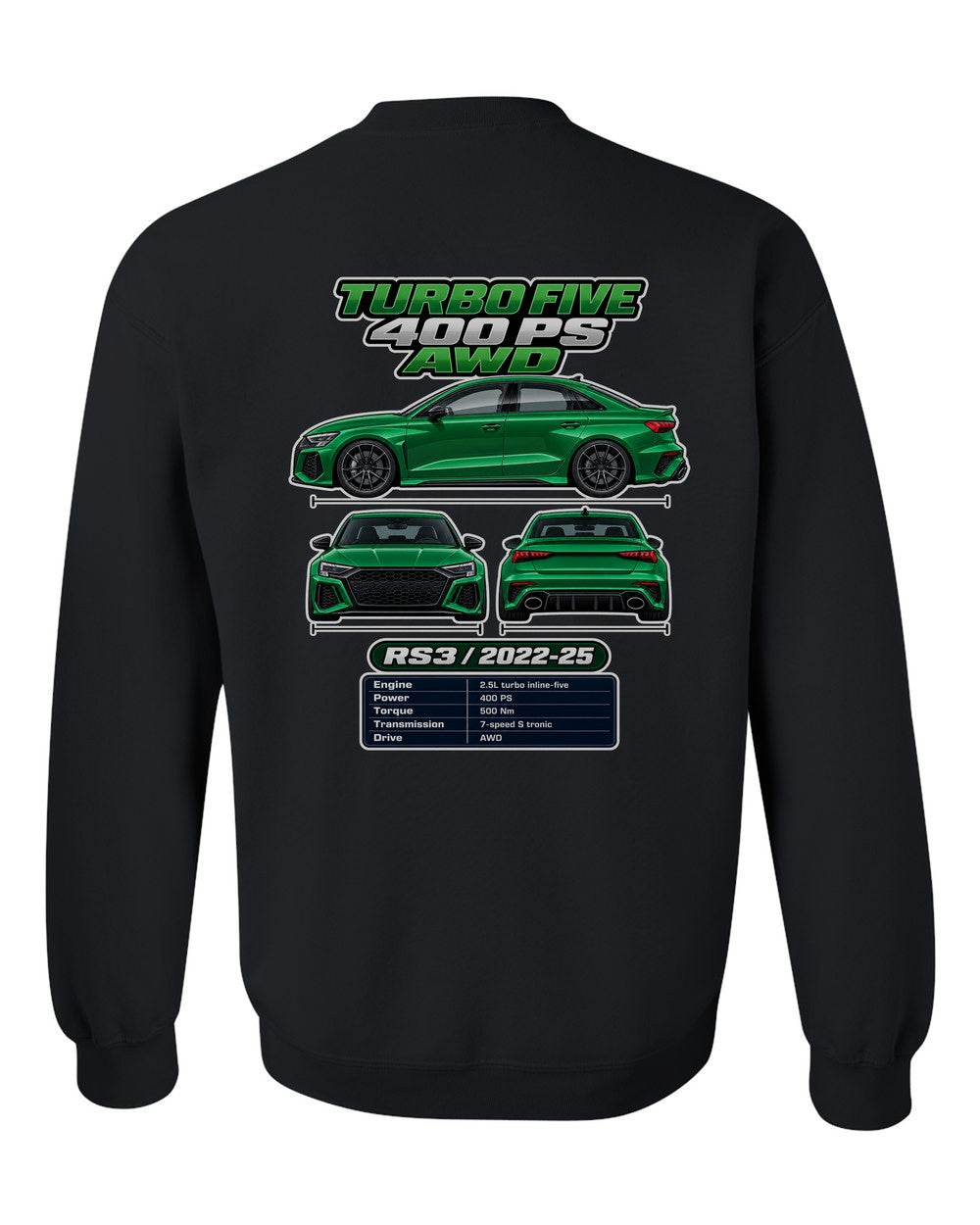Audi Rs3 Sedan 8Y spec sheet black crewneck back view with the design