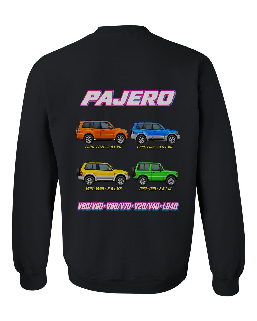 Mitsubishi Pajero evolution poster black crewneck back view with the design
