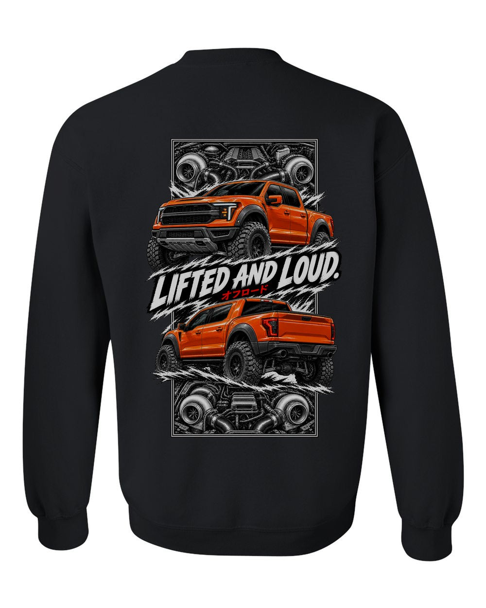 Ford F-150 Raptor torn poster black crewneck back view with the design