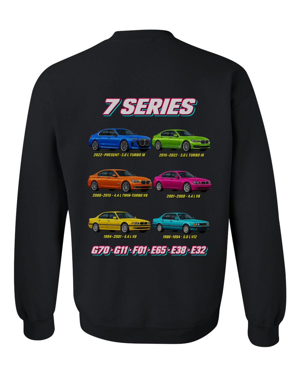 BMW 7 Series evolution poster black crewneck back view with the design