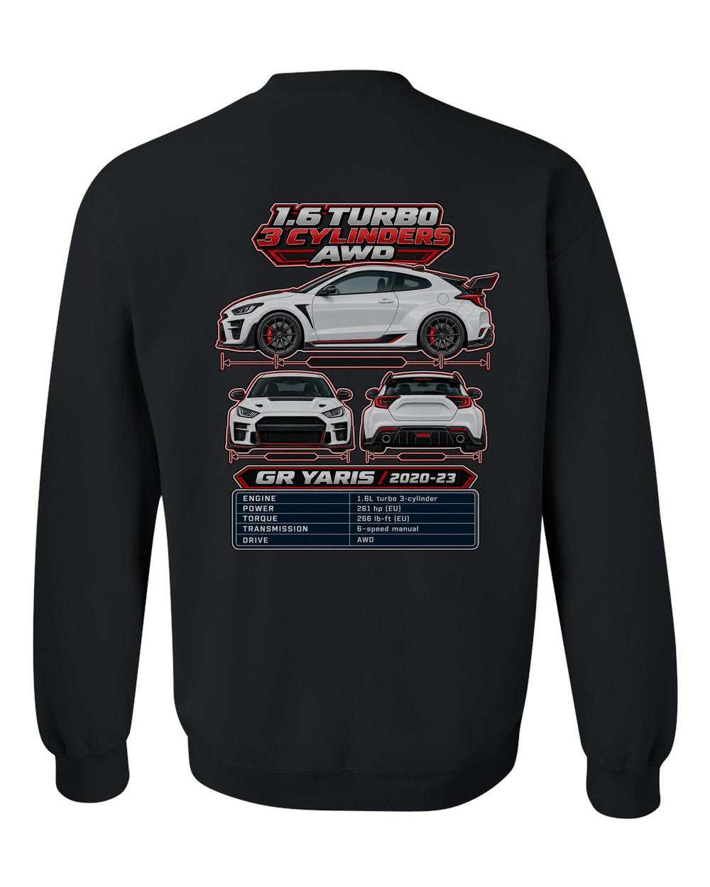 Toyota GR Yaris spec sheet black crewneck back view with the design