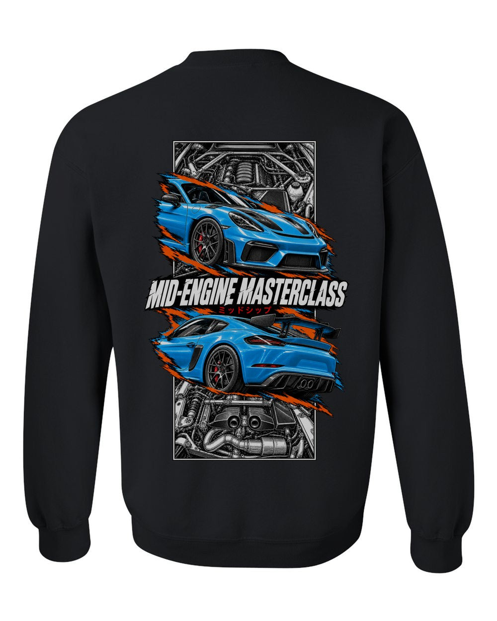 Porsche 718 Gt4 torn poster black crewneck back view with the design