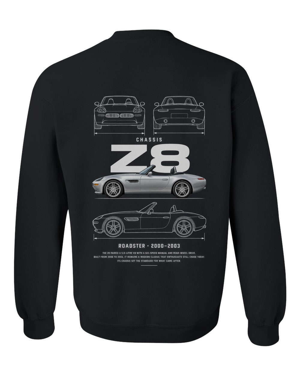 Z8 full-back artwork black crewneck back view with the design