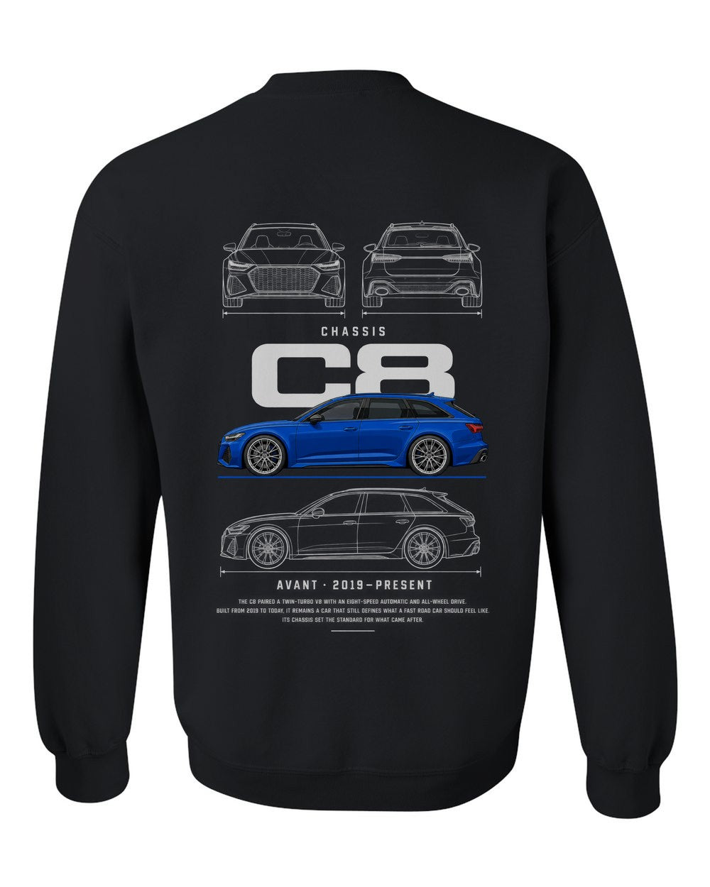 C8 full-back artwork black crewneck back view with the design