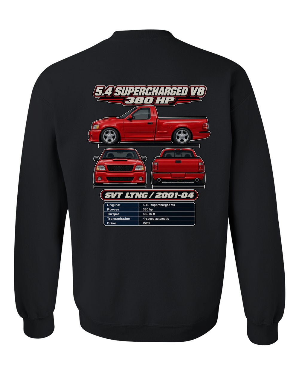 Ford F 150 SVT Lightning spec sheet black crewneck back view with the design