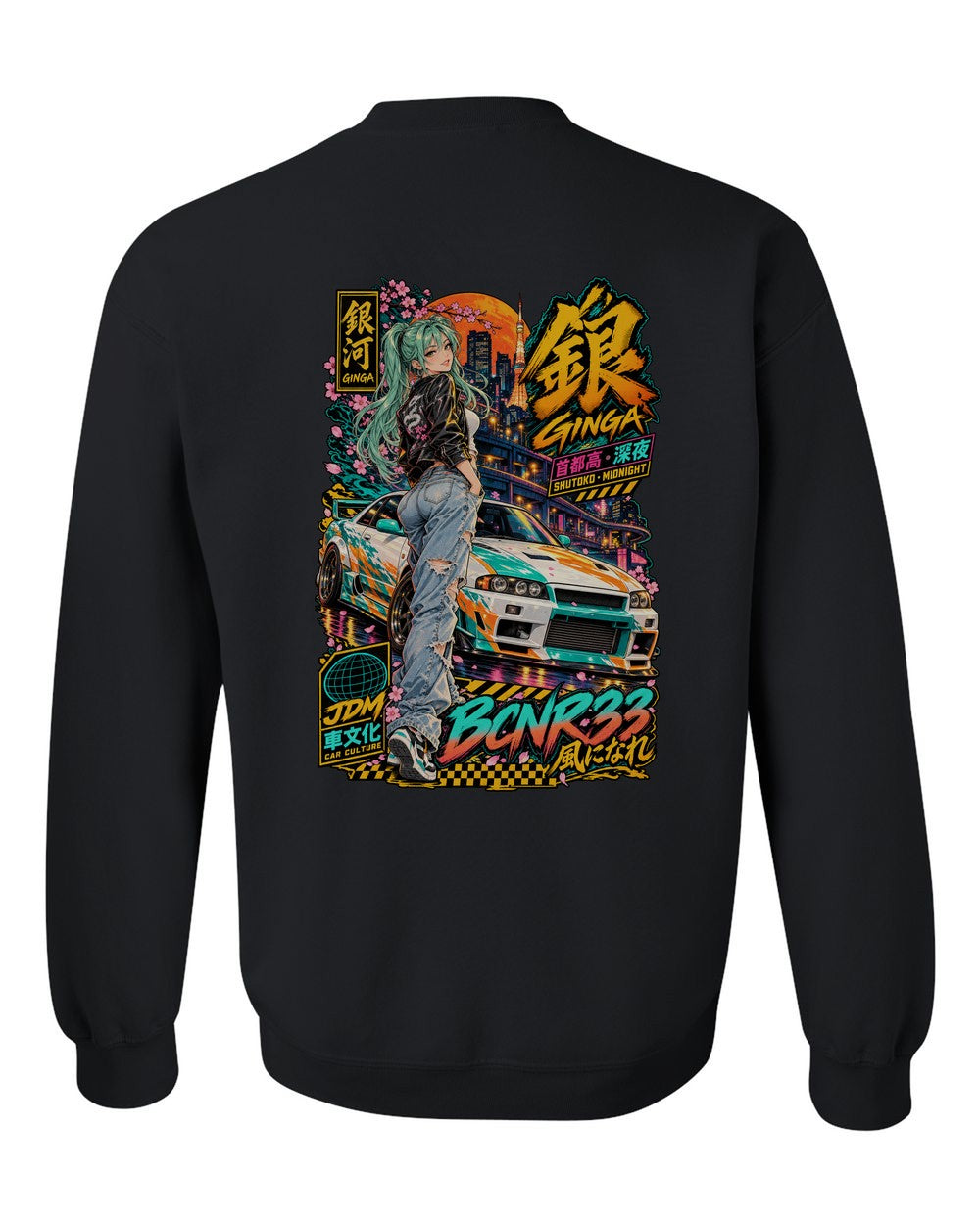 GINGA BCNR33 full-back artwork black crewneck back view with the design