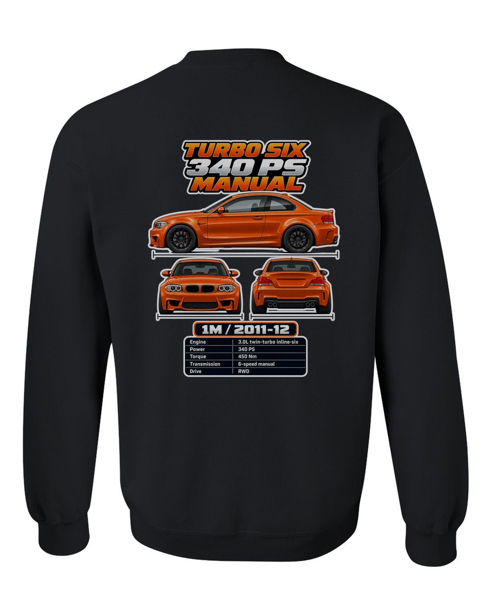 BMW 1 Series M Coupe spec sheet black crewneck back view with the design