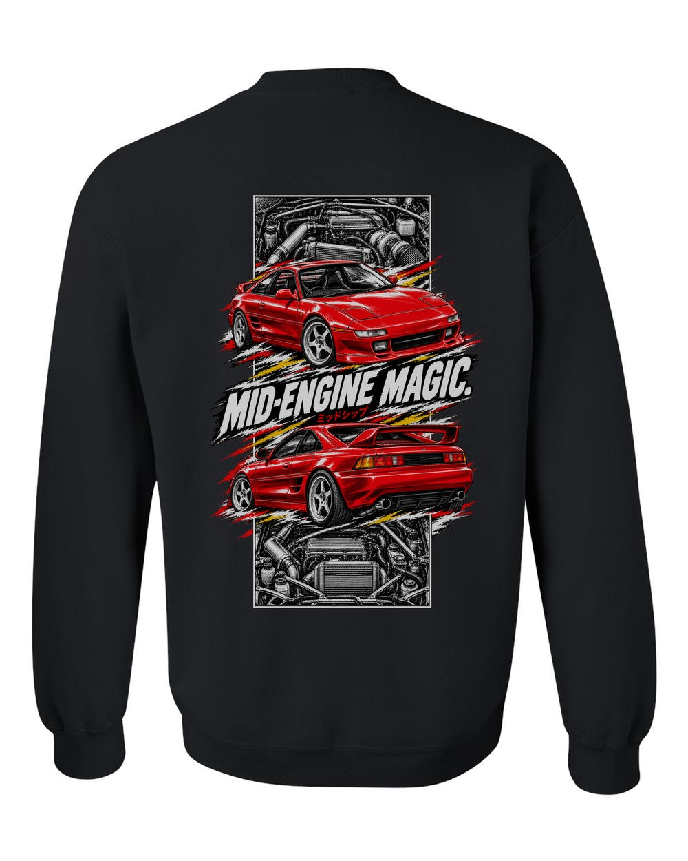Toyota Mr2 Sw20 torn poster black crewneck back view with the design