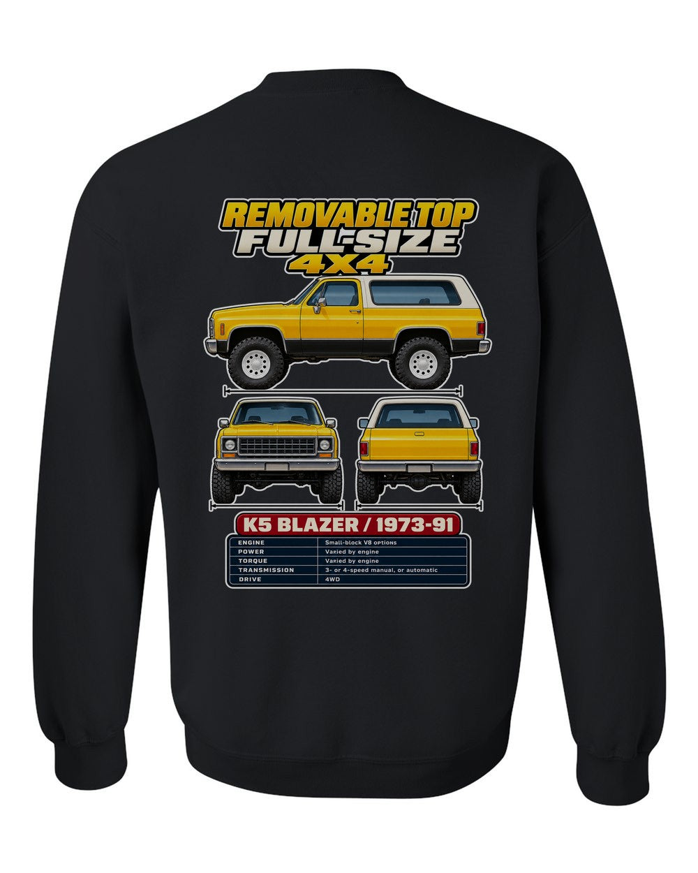 Chevrolet K5 Blazer spec sheet black crewneck back view with the design