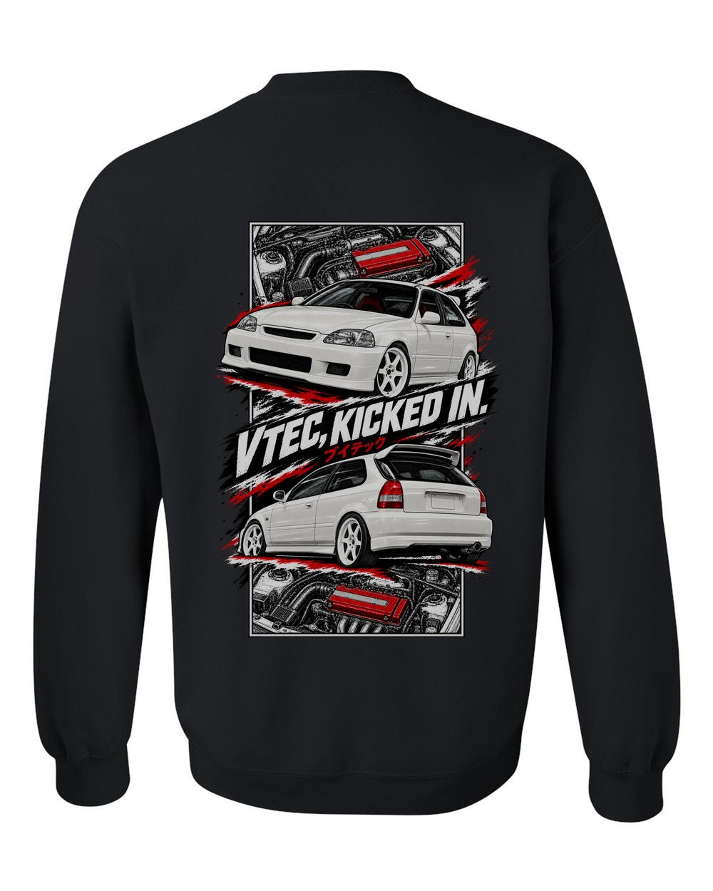 Honda Civic Ek9 torn poster black crewneck back view with the design