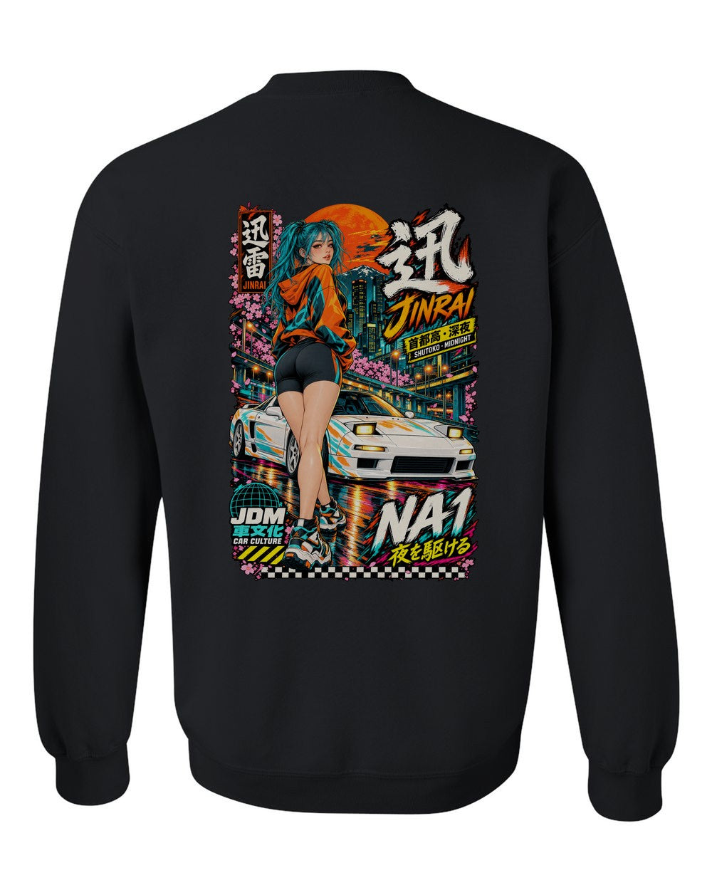 JINRAI NA1 full-back artwork black crewneck back view with the design