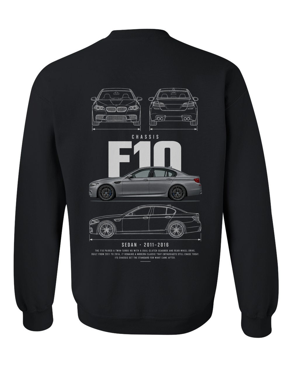 F10 full-back artwork black crewneck back view with the design