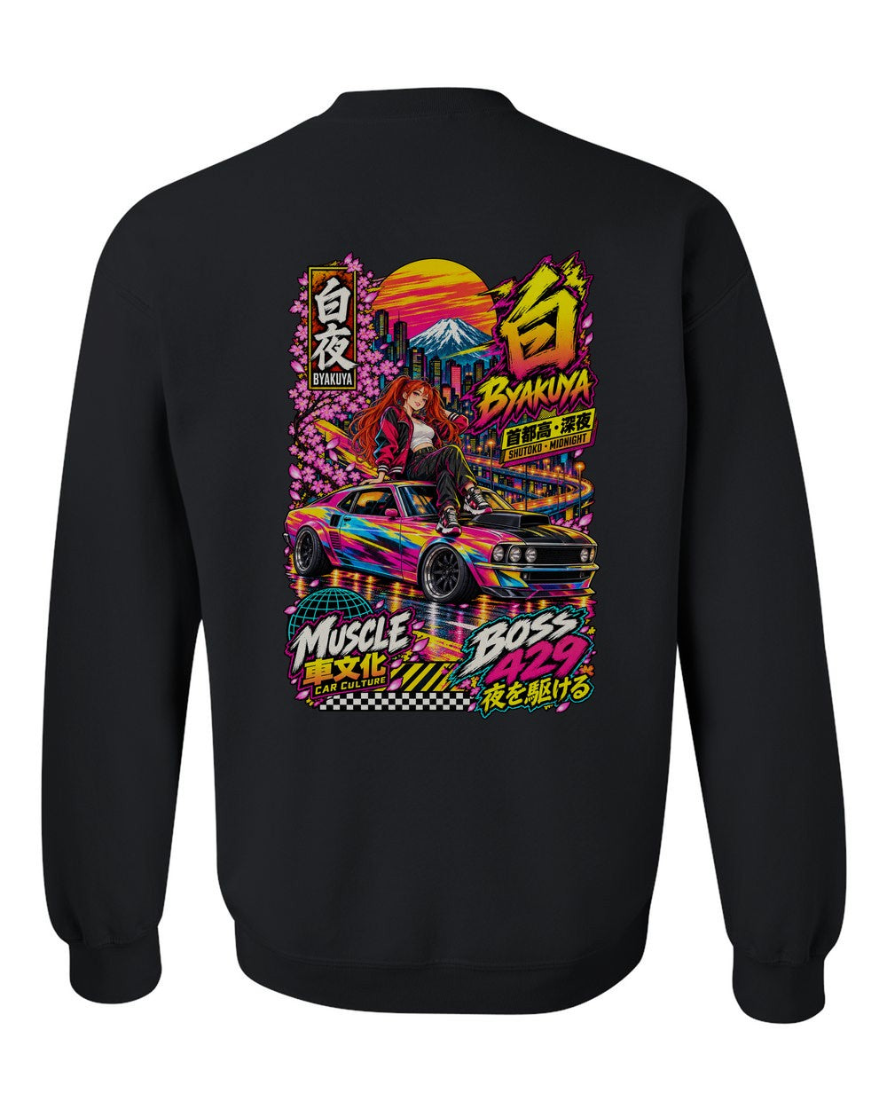 BYAKUYA BOSS 429 full-back artwork black crewneck back view with the design