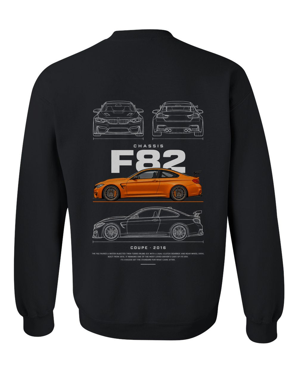 F82 full-back artwork black crewneck back view with the design