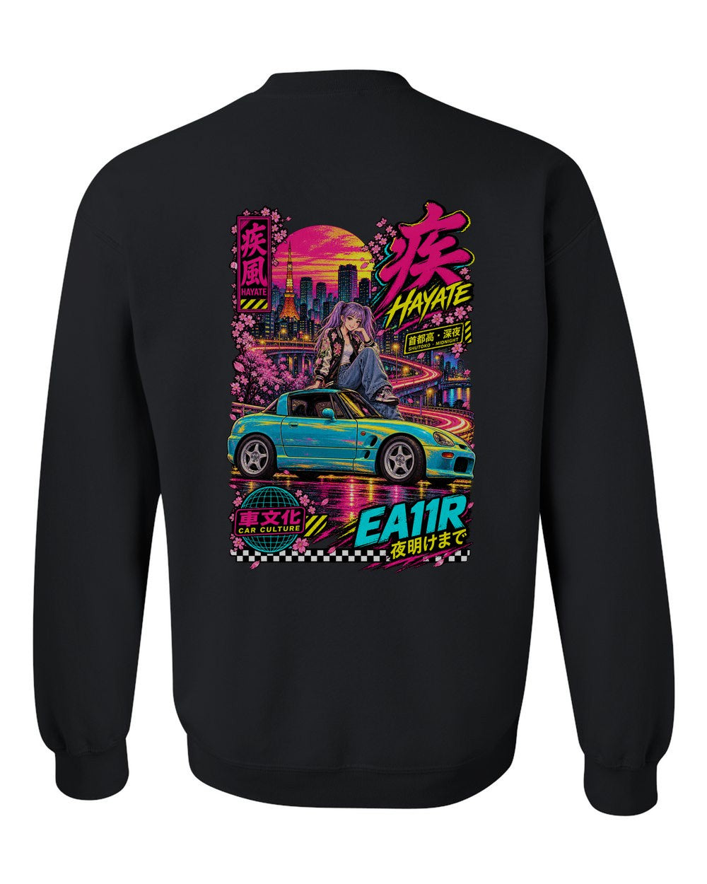 HAYATE EA11R full-back artwork black crewneck back view with the design