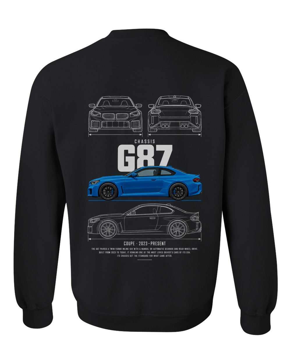 G87 full-back artwork black crewneck back view with the design