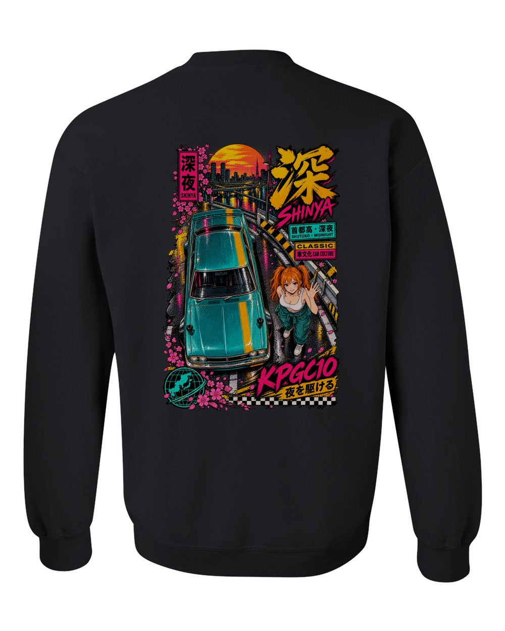 SHINYA KPGC10 full-back artwork black crewneck back view with the design