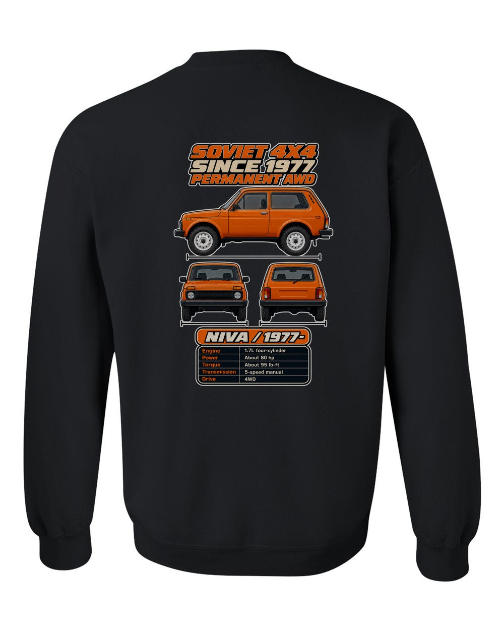 Lada Niva spec sheet black crewneck back view with the design