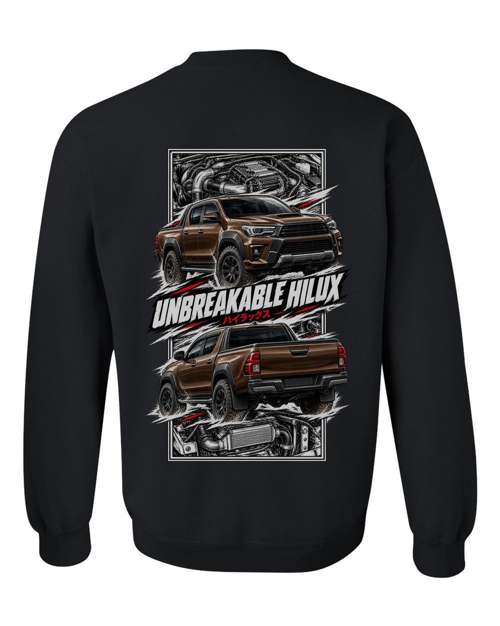 Toyota Hilux torn poster black crewneck back view with the design