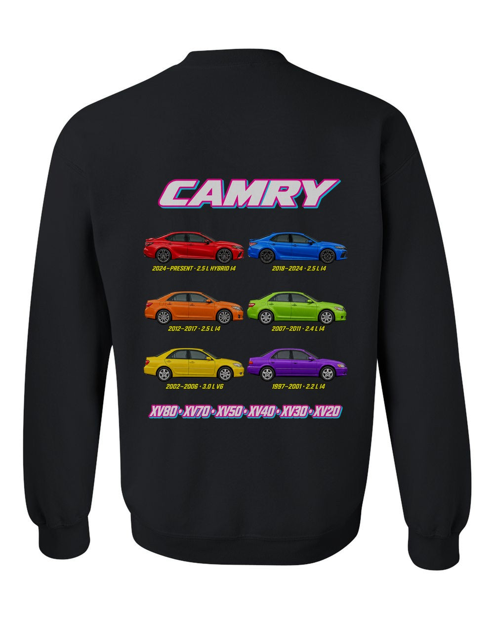 Toyota Camry evolution poster black crewneck back view with the design