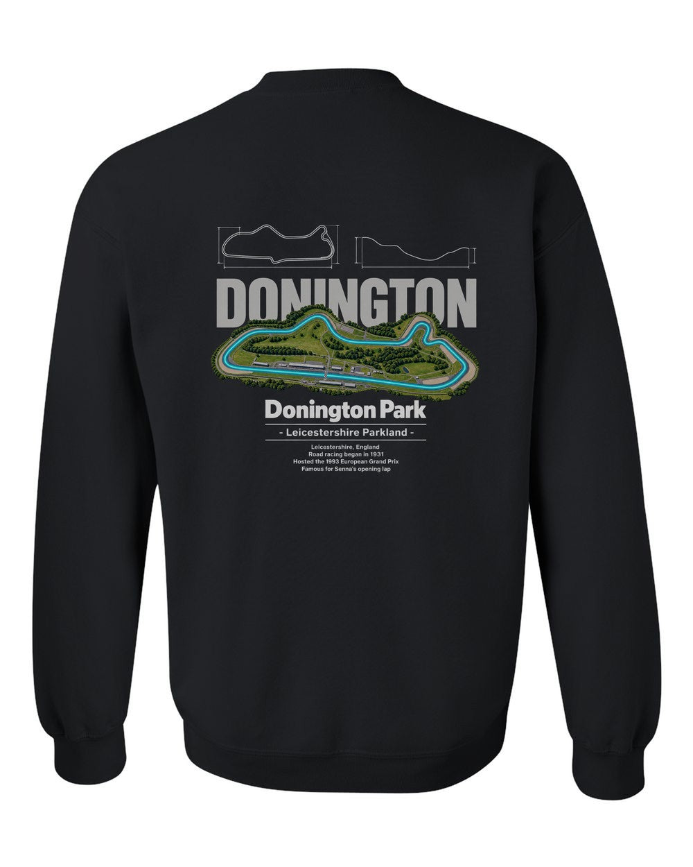 Donington Park black crewneck back view with the design