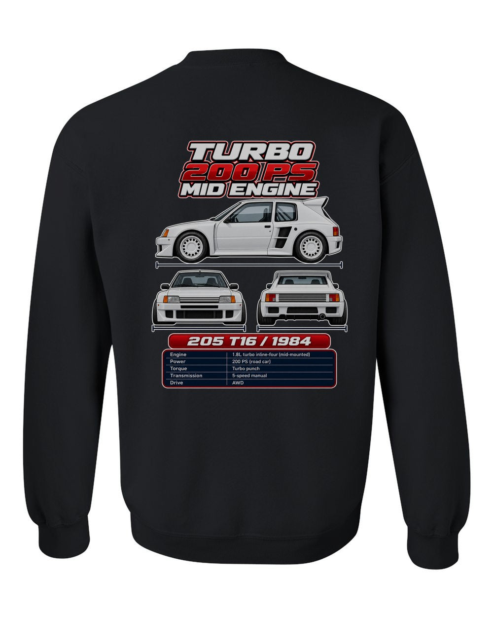Peugeot 205 Turbo 16 spec sheet black crewneck back view with the design
