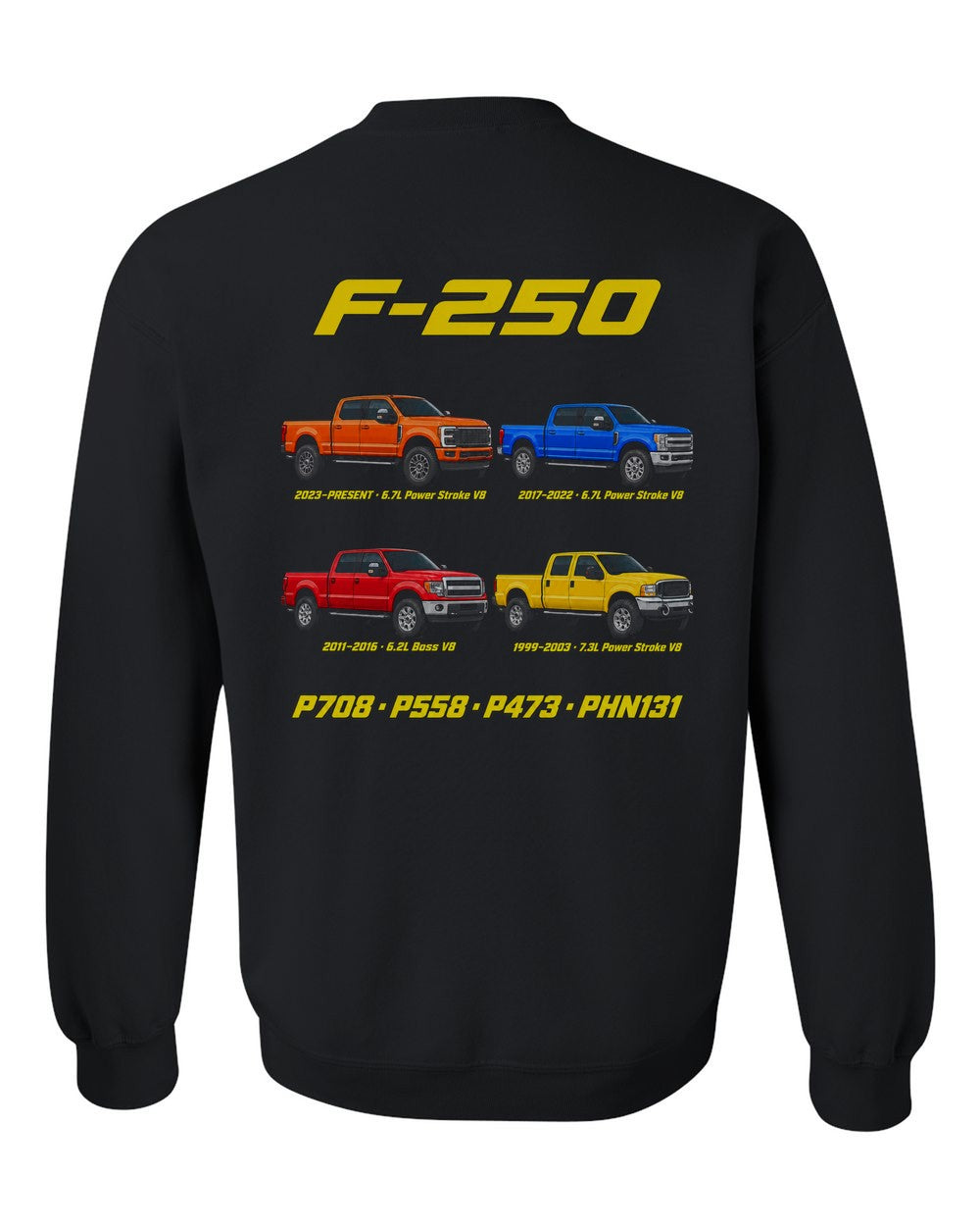 Ford F-250 Super Duty evolution poster black crewneck back view with the design