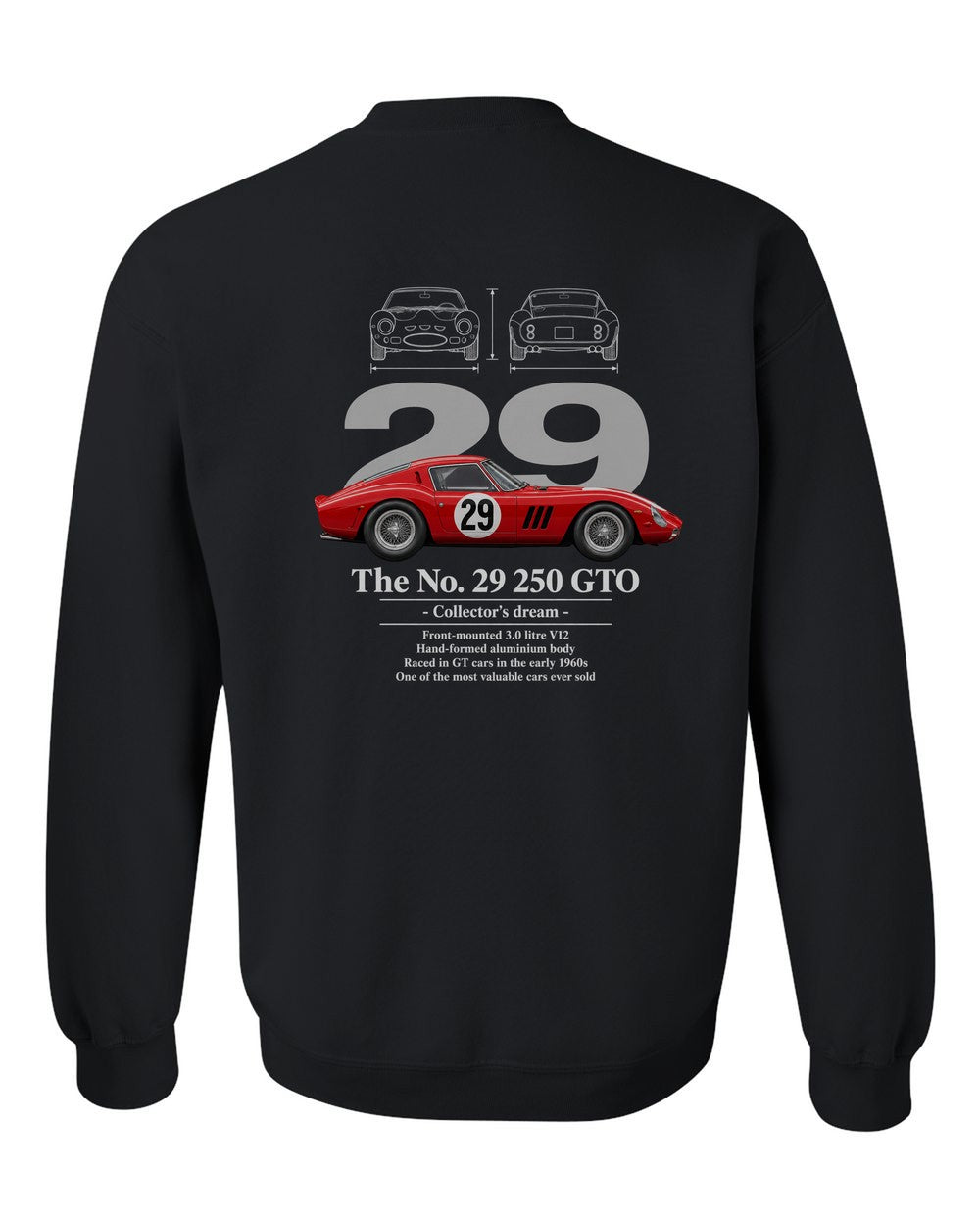 No. 29 250 GTO black crewneck back view with the design