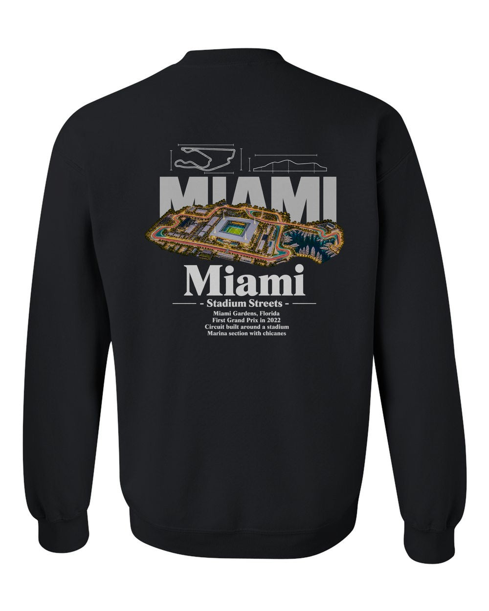 Miami black crewneck back view with the design