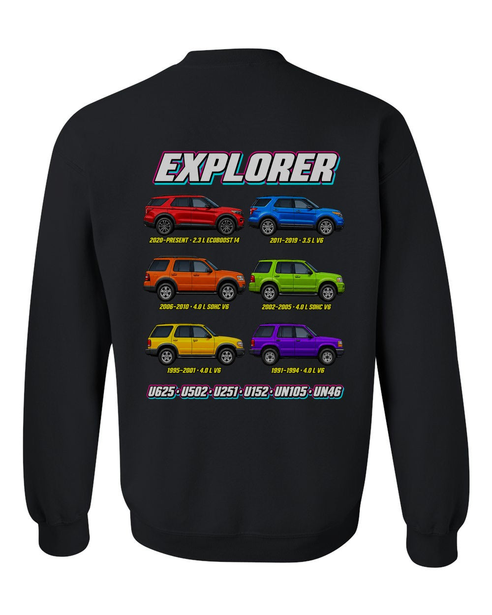 Ford Explorer evolution poster black crewneck back view with the design