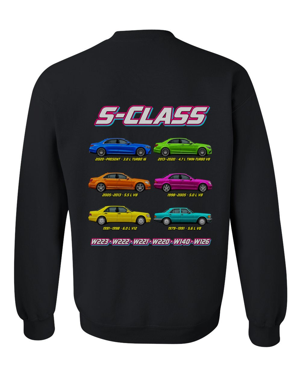 Mercedes S evolution poster black crewneck back view with the design