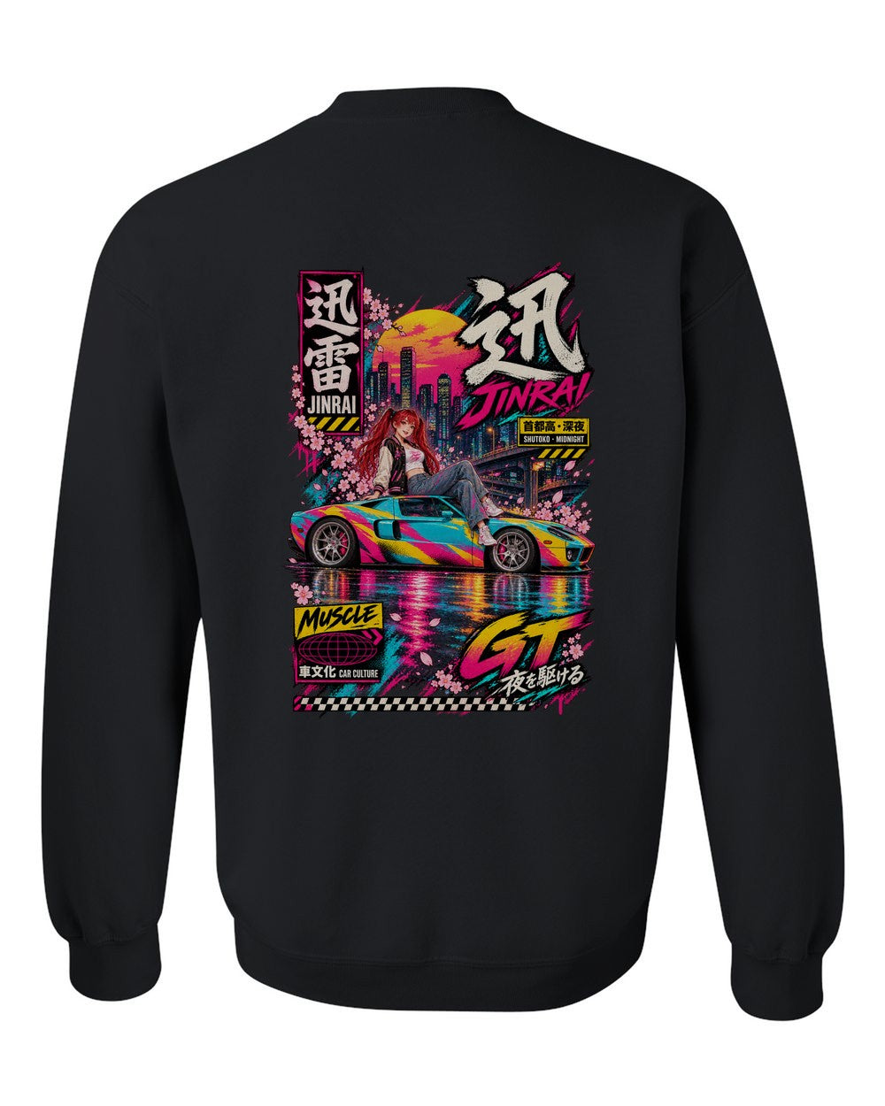 JINRAI GT full-back artwork black crewneck back view with the design