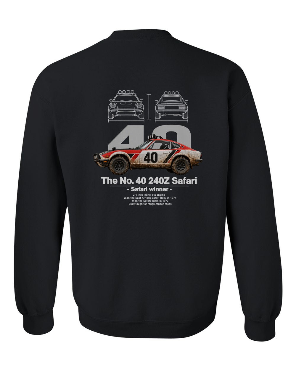 No. 40 240Z Safari black crewneck back view with the design