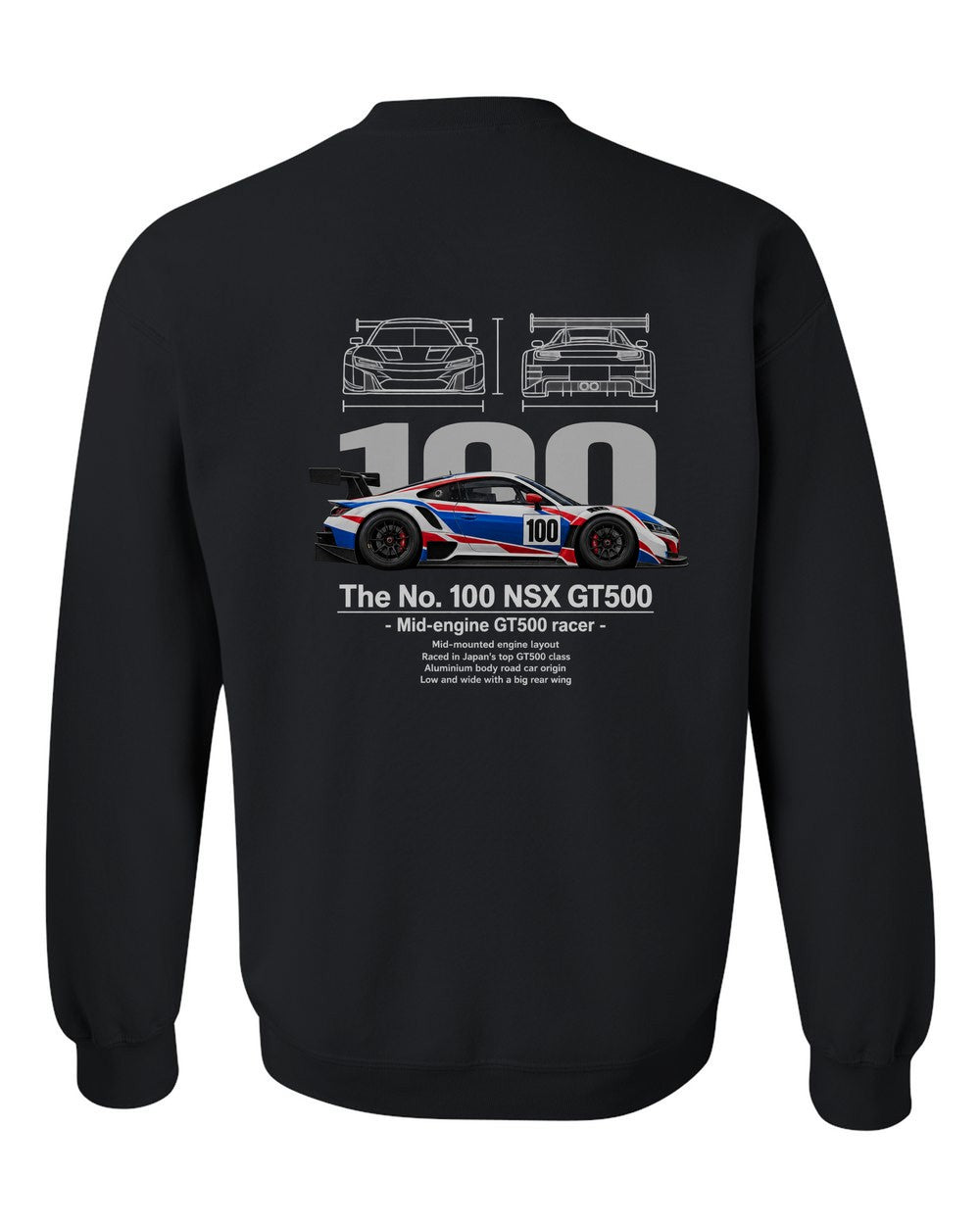 No. 100 NSX GT500 black crewneck back view with the design