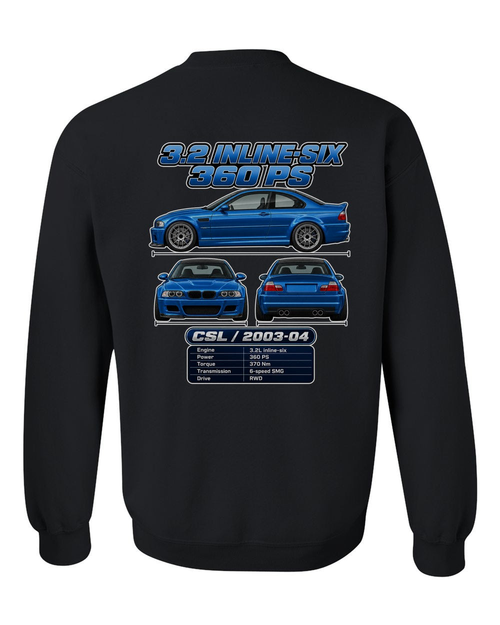 BMW M3 Csl E46 spec sheet black crewneck back view with the design