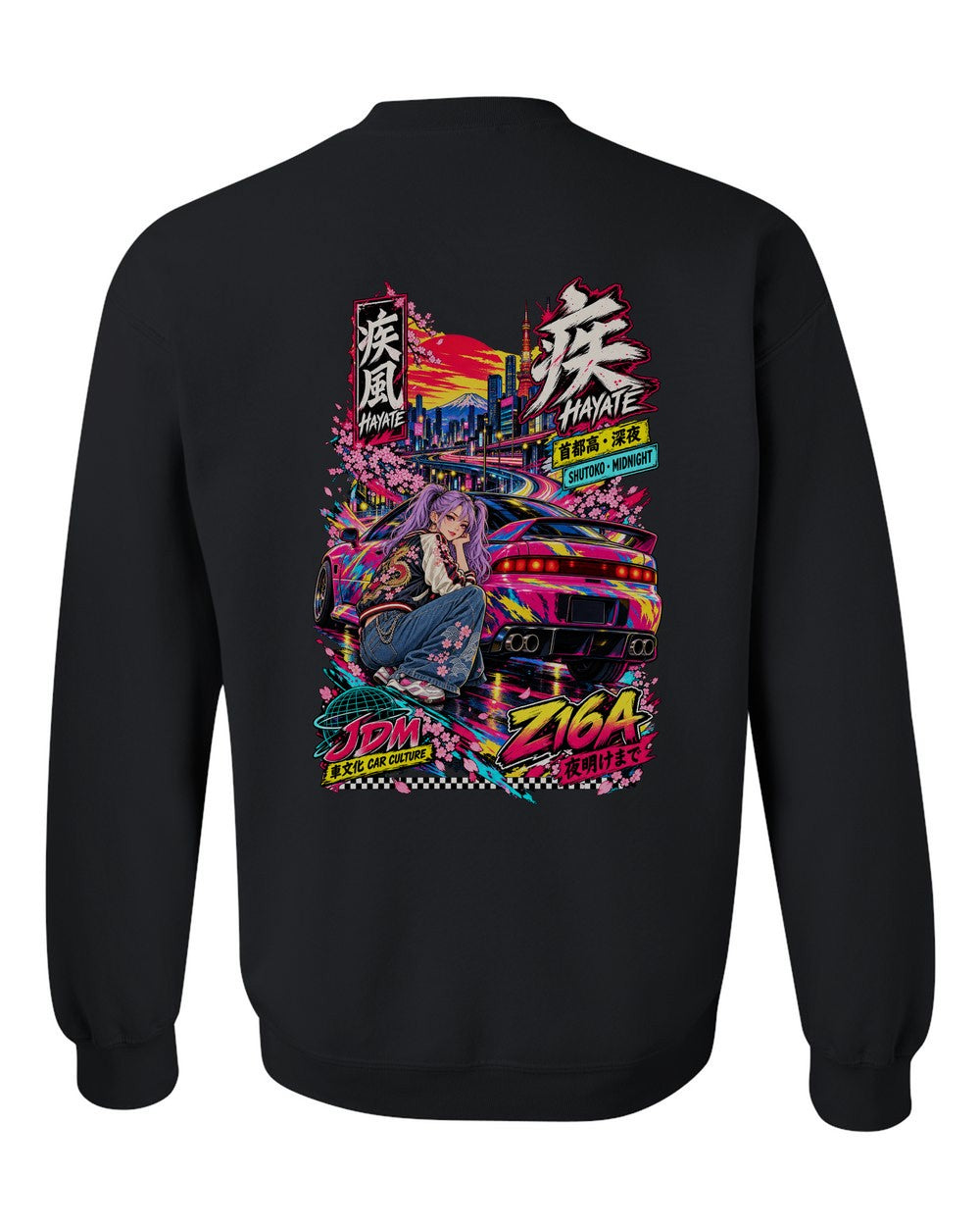 HAYATE Z16A full-back artwork black crewneck back view with the design