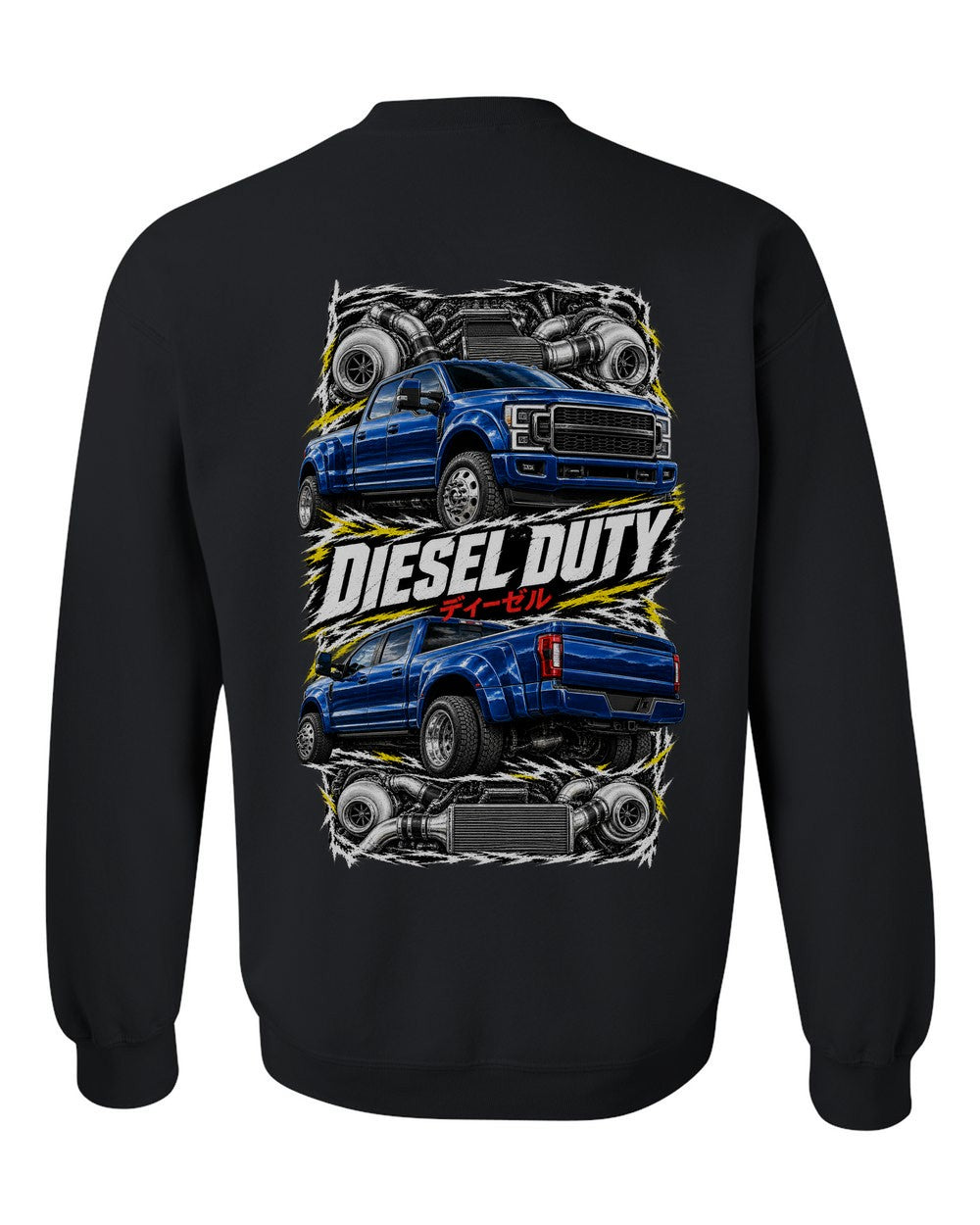 Ford F-250 Power Stroke torn poster black crewneck back view with the design