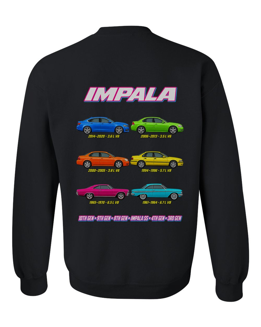 Chevy Impala evolution poster black crewneck back view with the design
