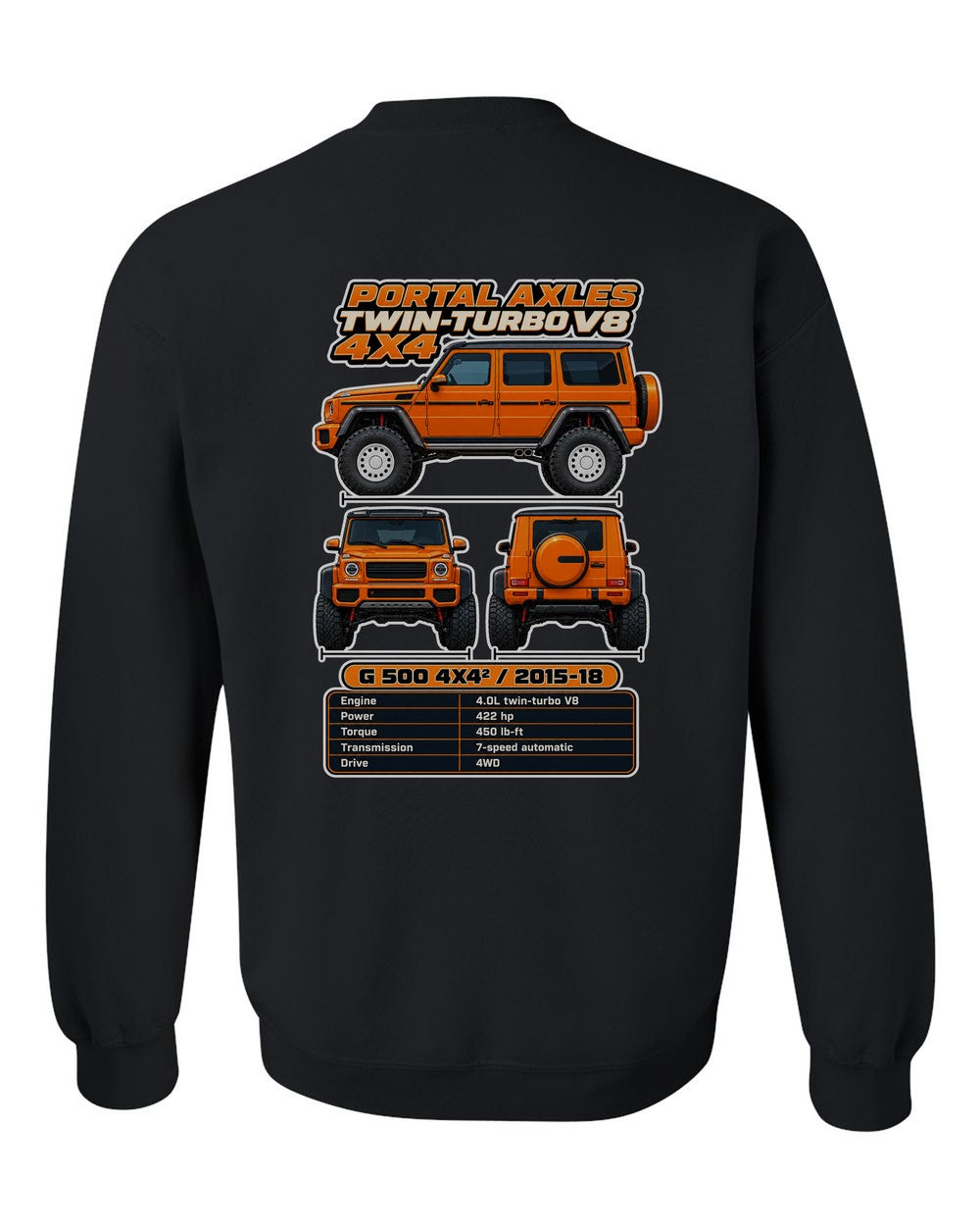Mercedes G500 4X4 Squared spec sheet black crewneck back view with the design