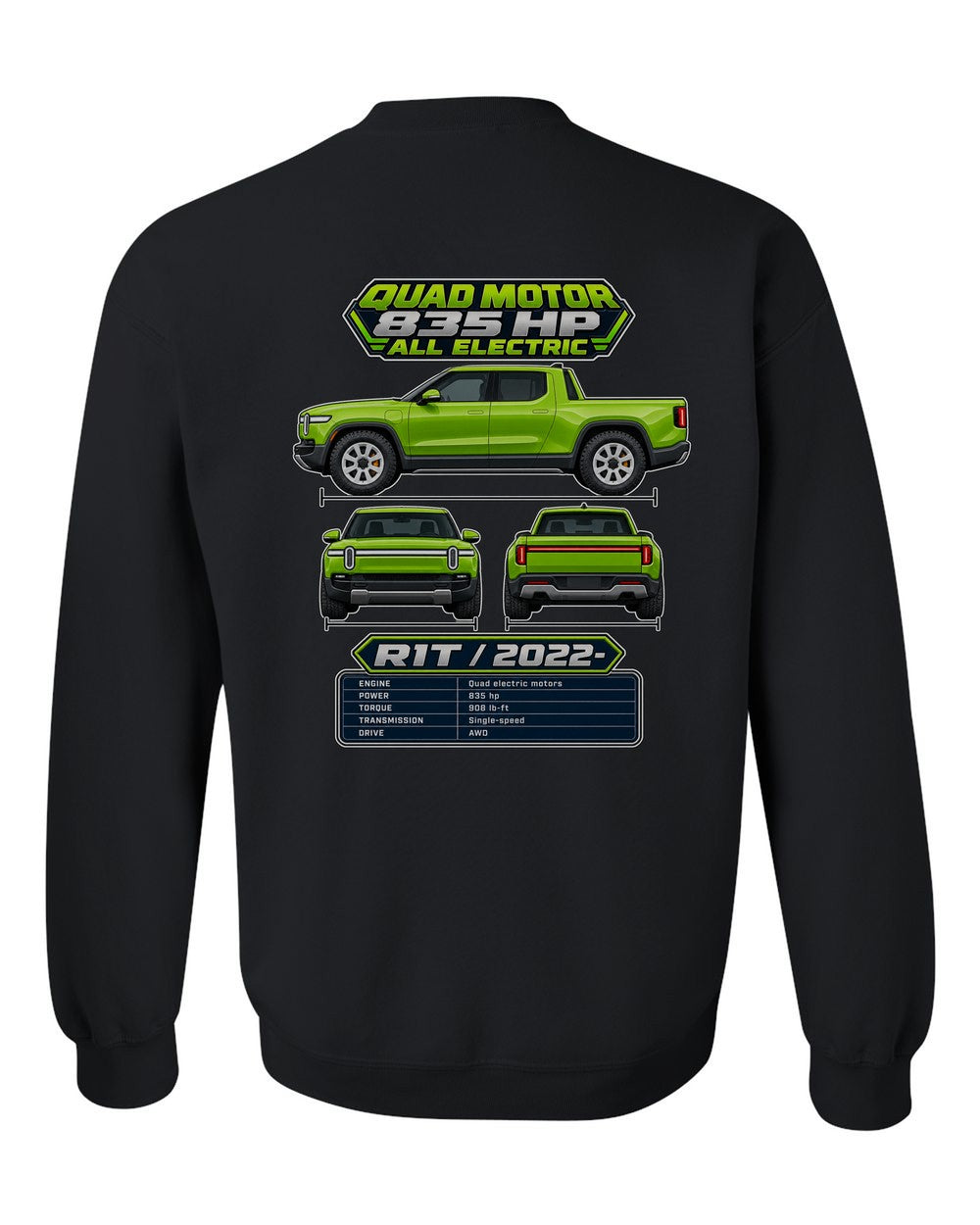 Rivian R1T spec sheet black crewneck back view with the design