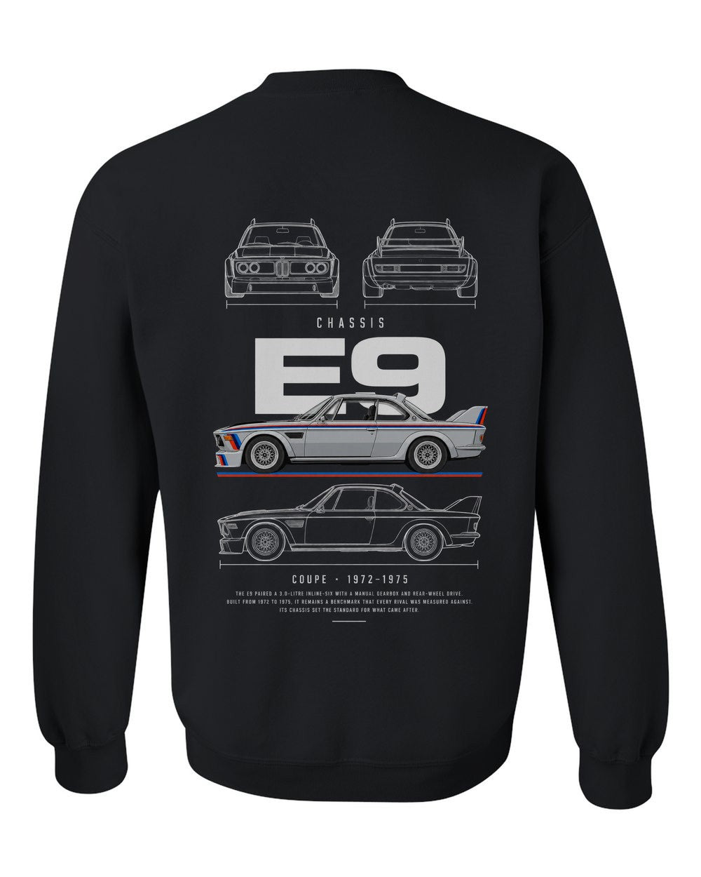 E9 full-back artwork black crewneck back view with the design