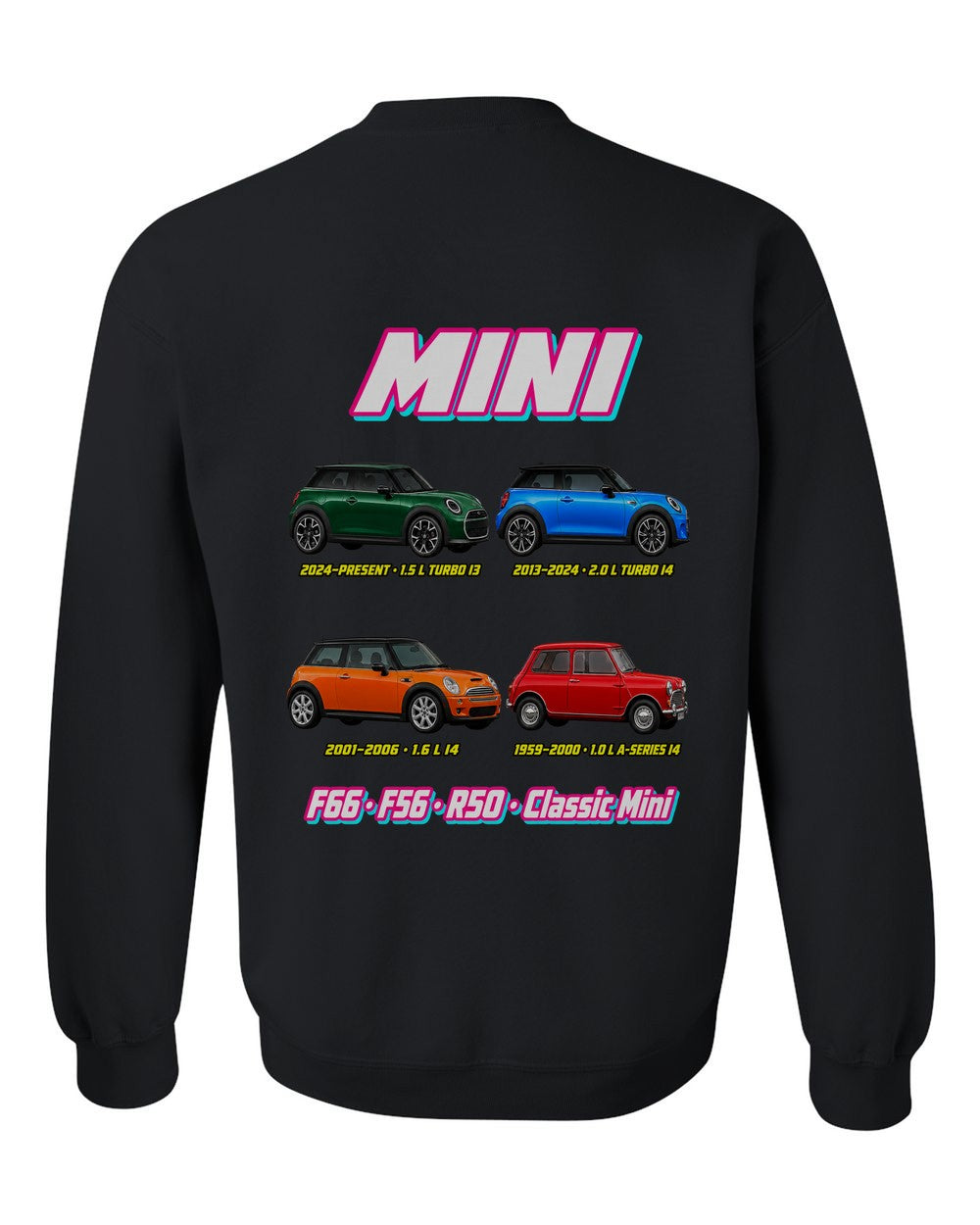Mini Cooper evolution poster black crewneck back view with the design