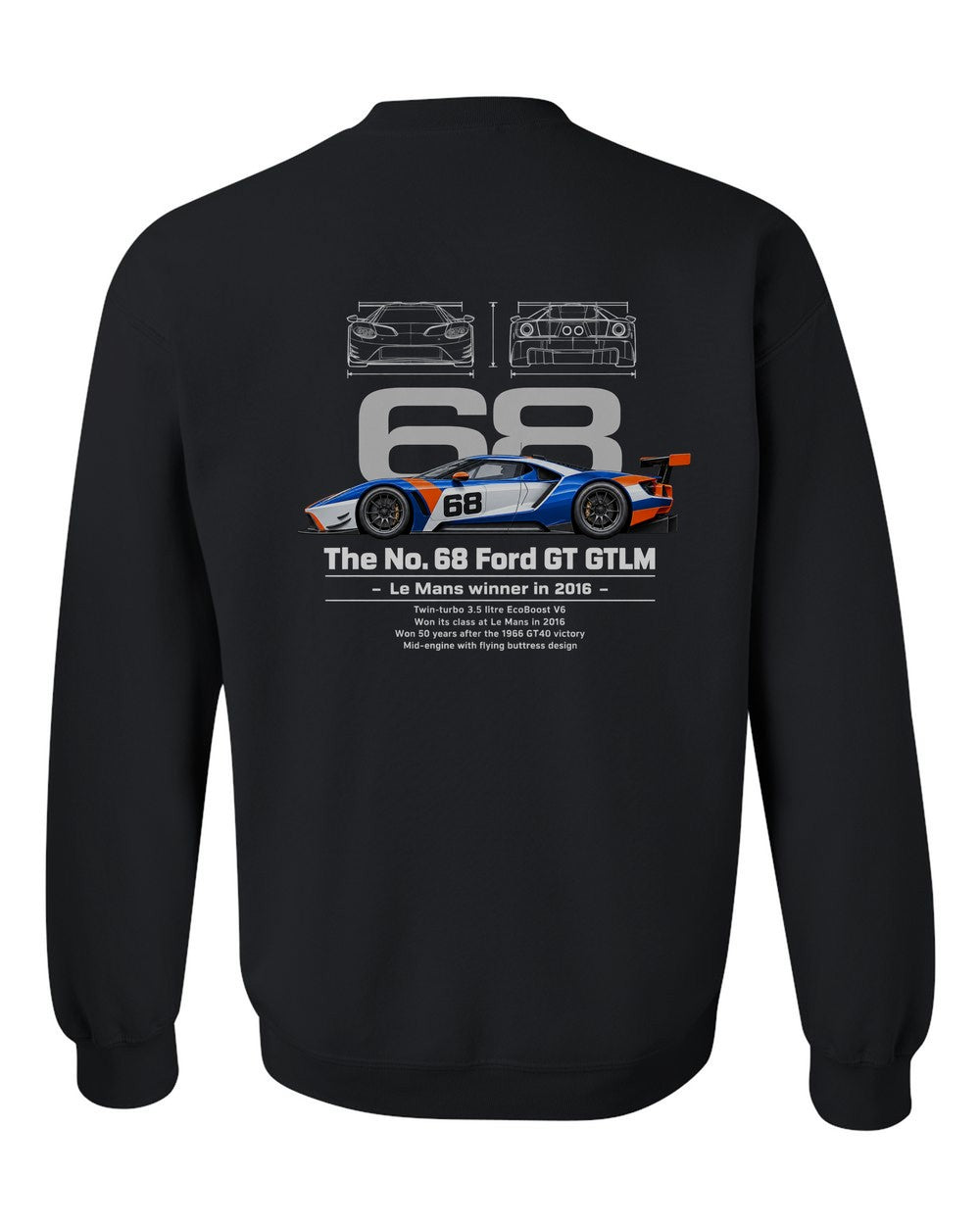 No. 68 Ford GT GTLM black crewneck back view with the design
