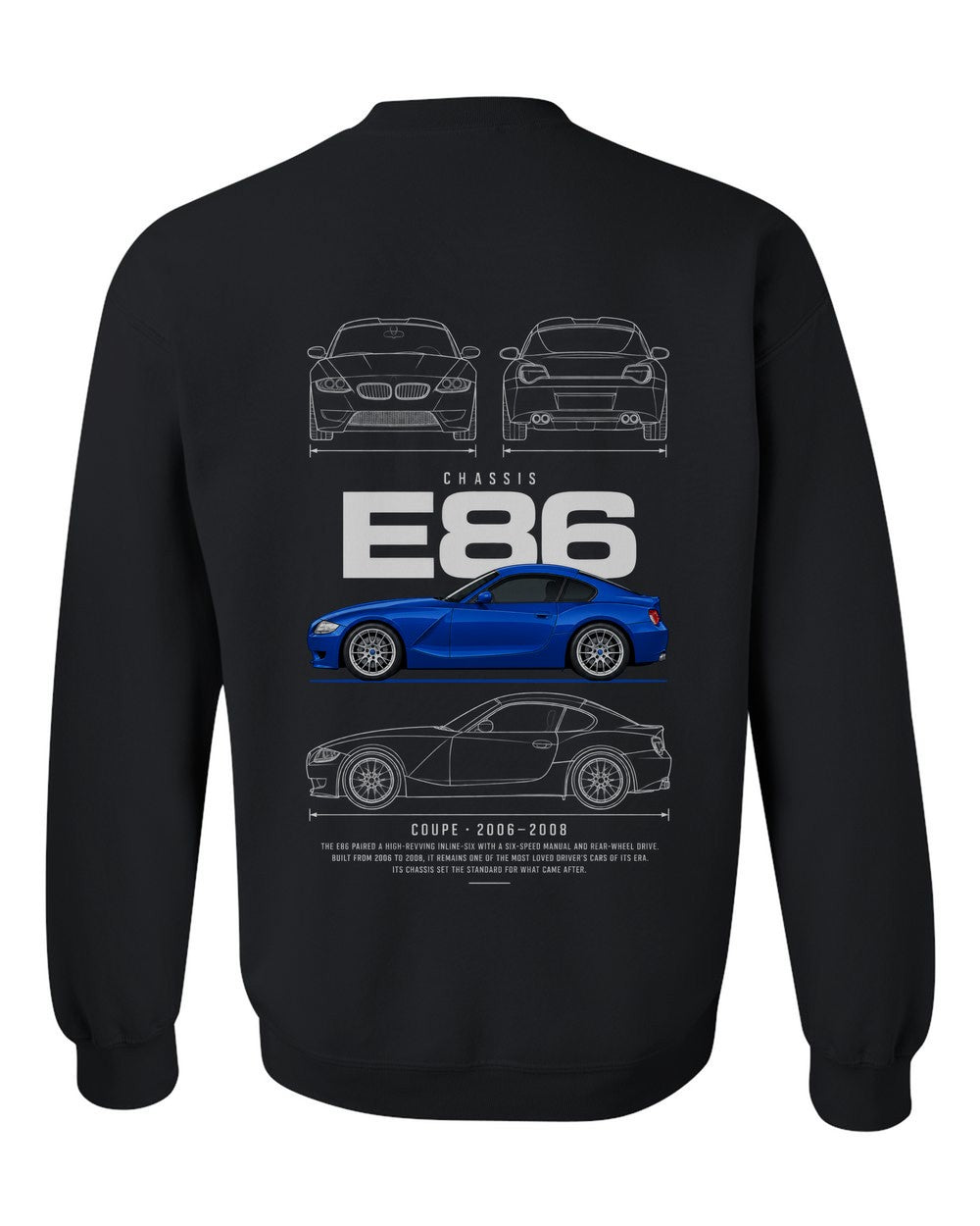 E86 full-back artwork black crewneck back view with the design