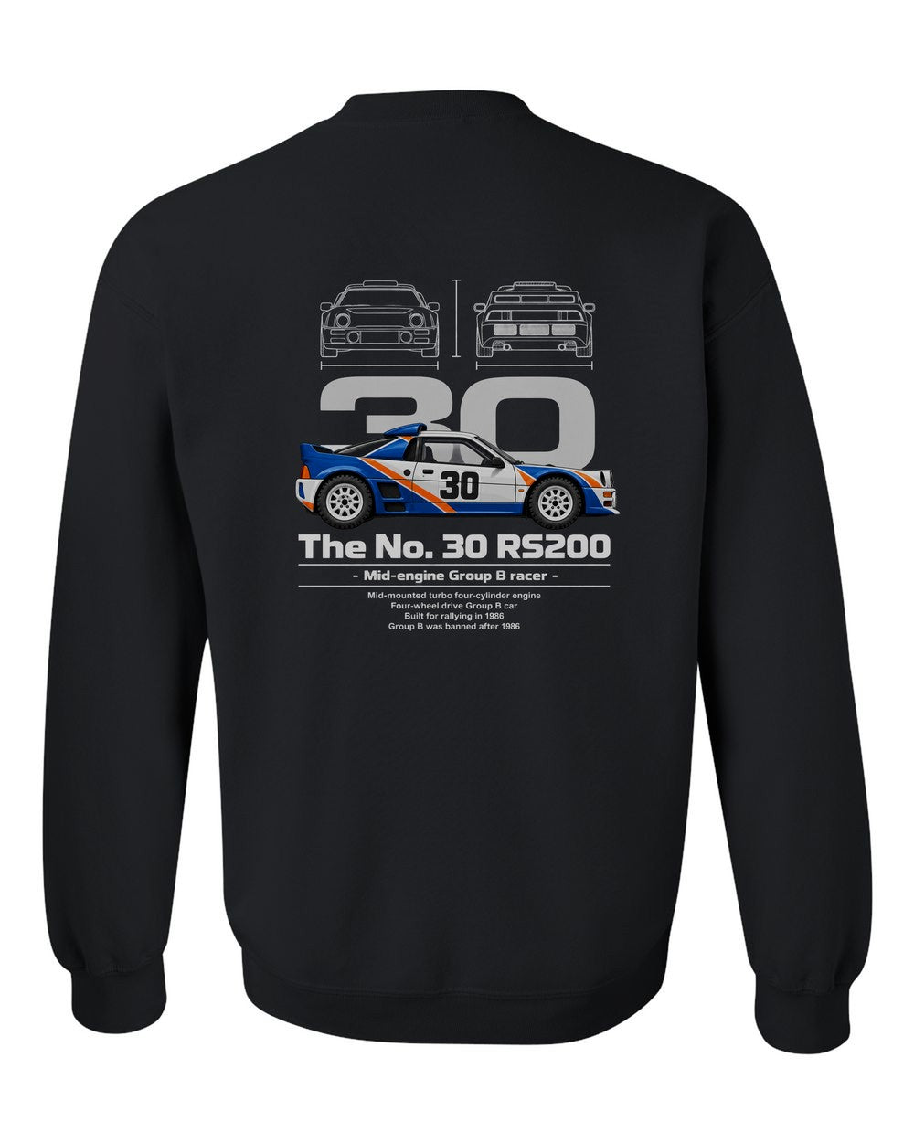No. 30 RS200 black crewneck back view with the design
