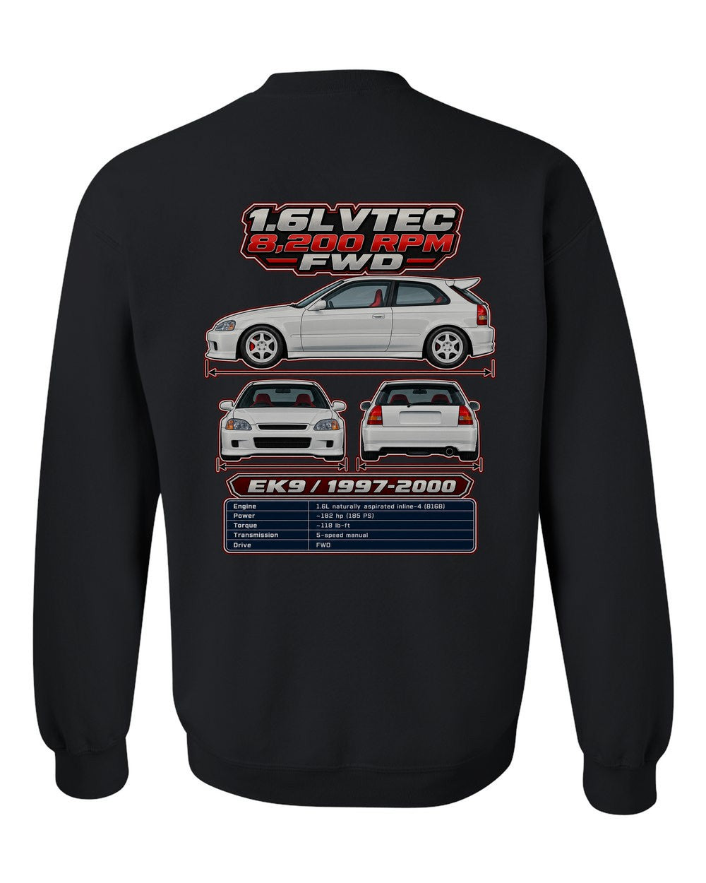 Honda Civic Type R Ek9 spec sheet black crewneck back view with the design