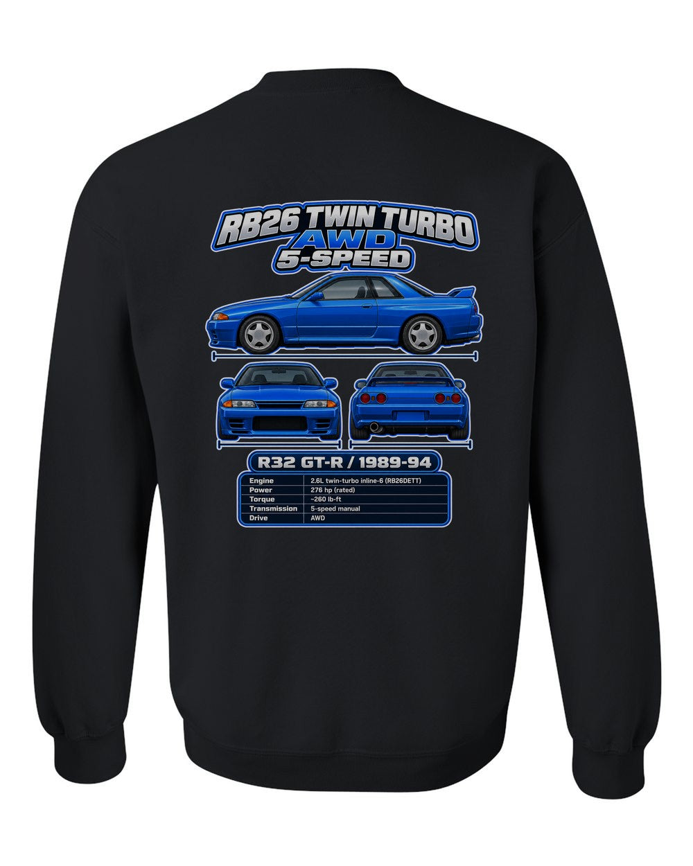 Nissan Skyline Gt R R32 spec sheet black crewneck back view with the design